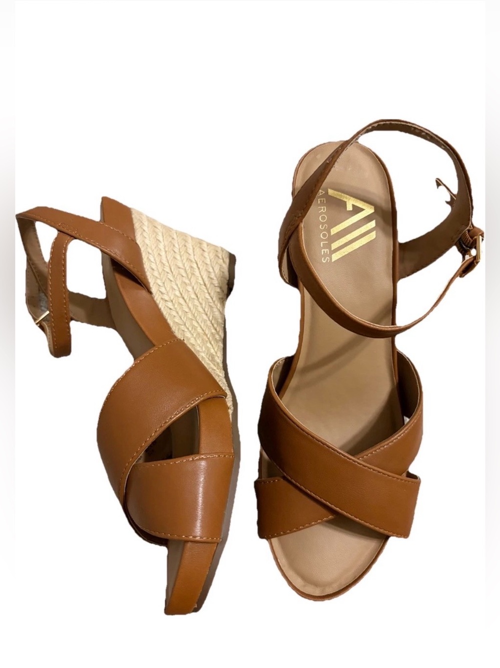 AEROSOLES Tan Braided-Wedge Cross-Strap Sandals size 9
